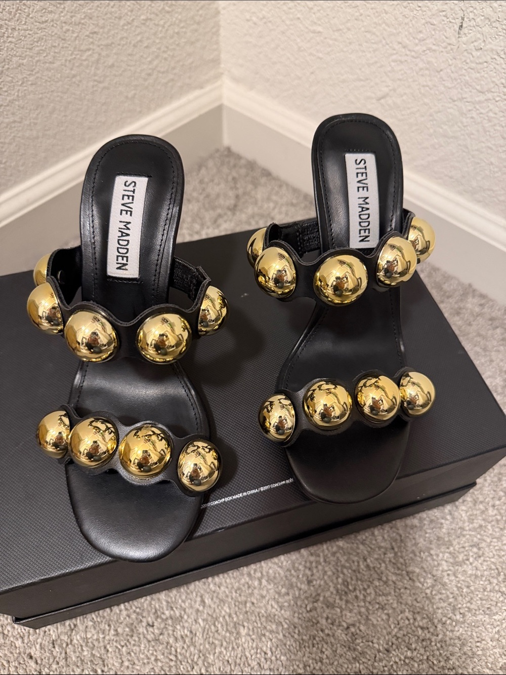 Steve Madden Black Slide Heels with Gold Orb Embellishments